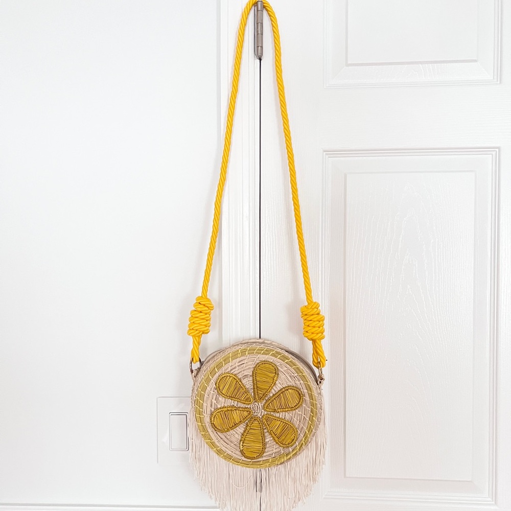 weaved crossbody circular bag Handmade yellow floral rope strap fringes nWOT